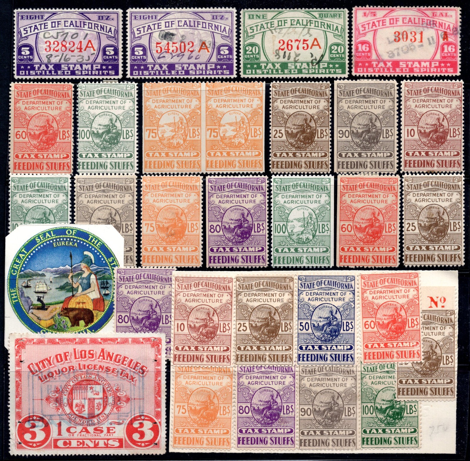US 1900-1930 COLLECTION OF 87 CALIFORNIA DEPT. OF AGRICULTURE REVENUE TAX STAMPS