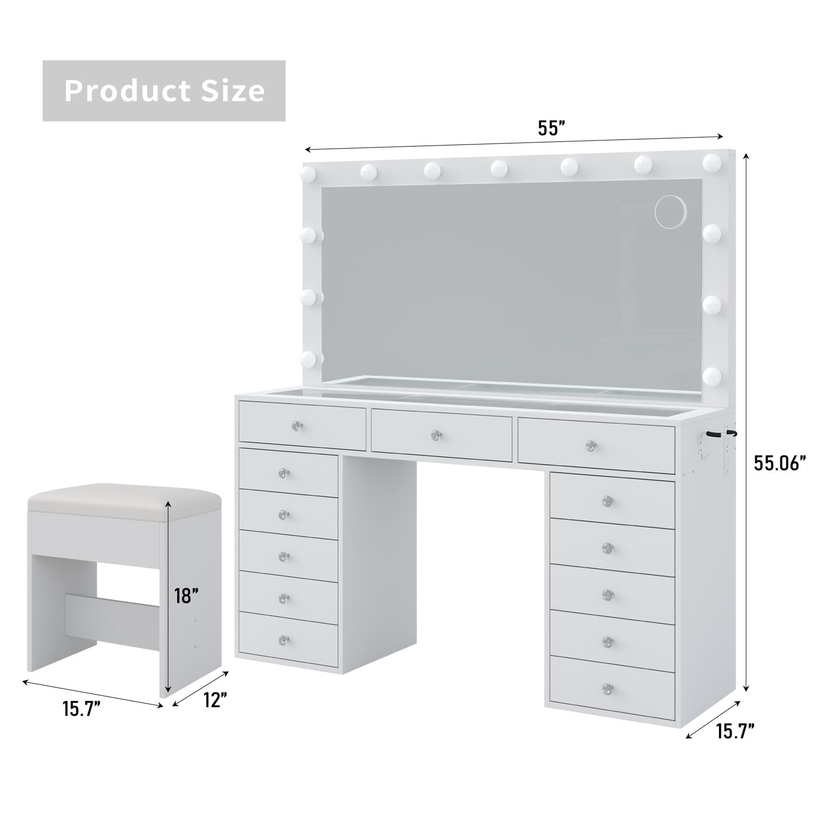 55" Makeup Vanity Desk with Lighted Mirror, Vanity Table Gift, 13 Drawers, White
