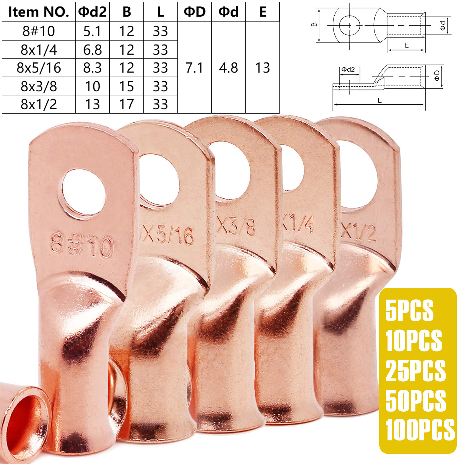 Bare Copper Cable Wire Lugs Ring Terminals 8-4/0 AWG Battery Wire Welding Cable