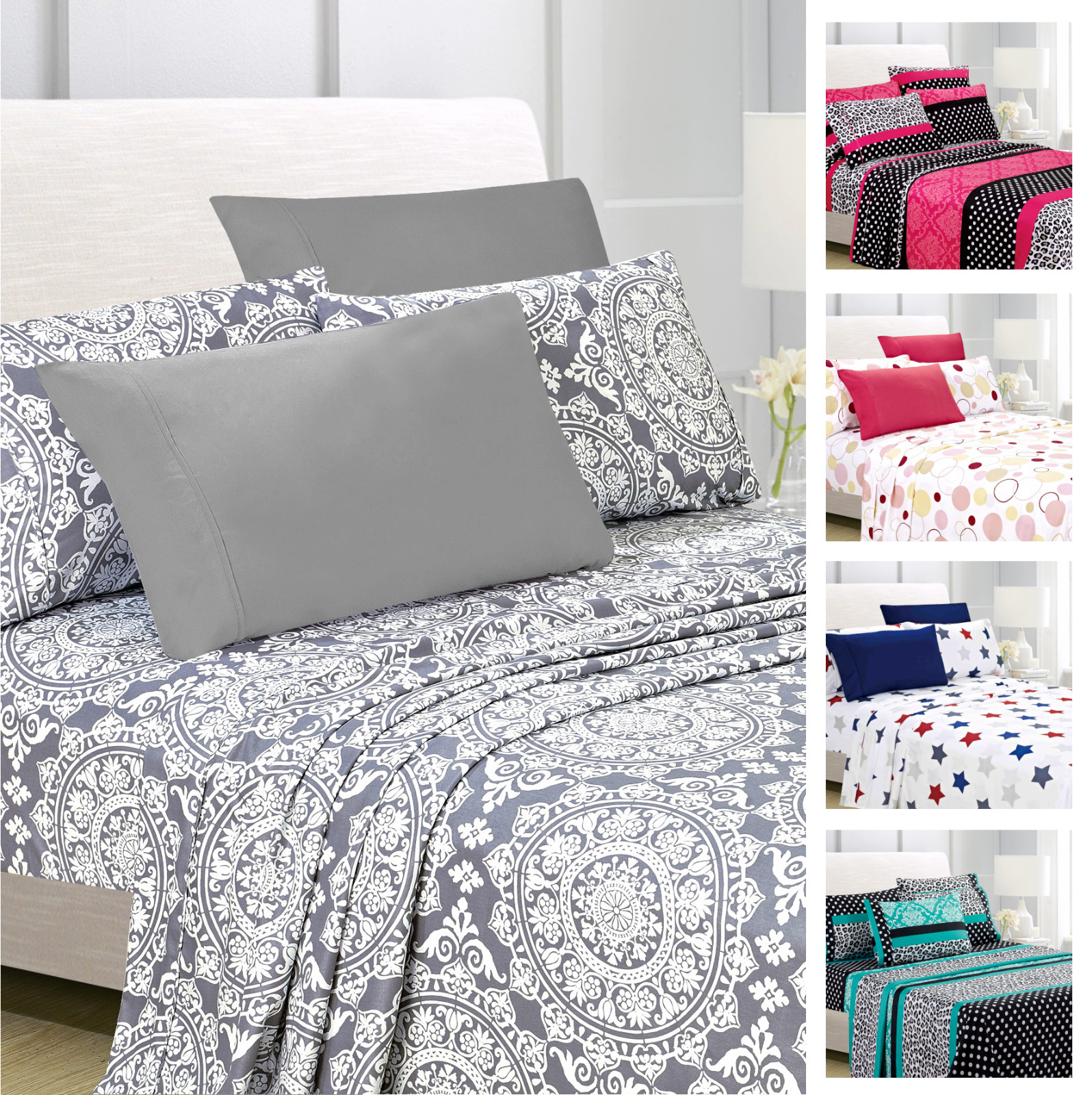 Deep Pocket Printed 6 Piece Bed Sheet Set 1800 Series Microfiber Comfort Soft