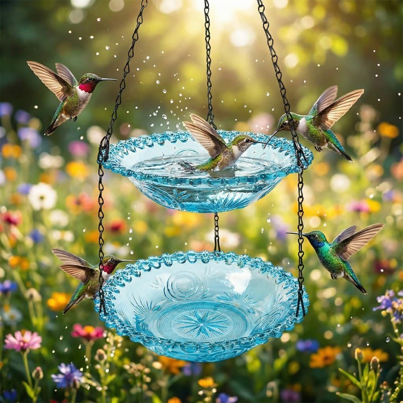 2026 NEW Solar Cascade Hanging Bird Bath Fountain with Glass Bowl Solar Powered