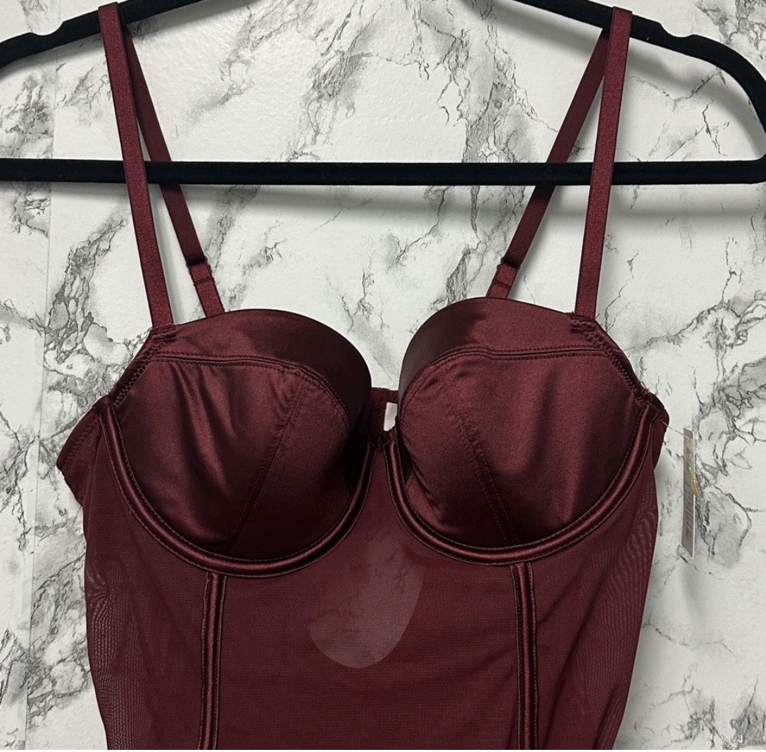 Auden Berry Red Satin And Mesh Lightly Lined Lingerie Bodysuit Size S