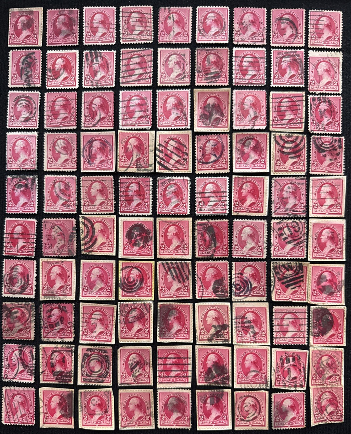 1890-93 US 10 Random 2c Washington Stamps W/Fancy Cancel Used, SC#220 (CV $7)