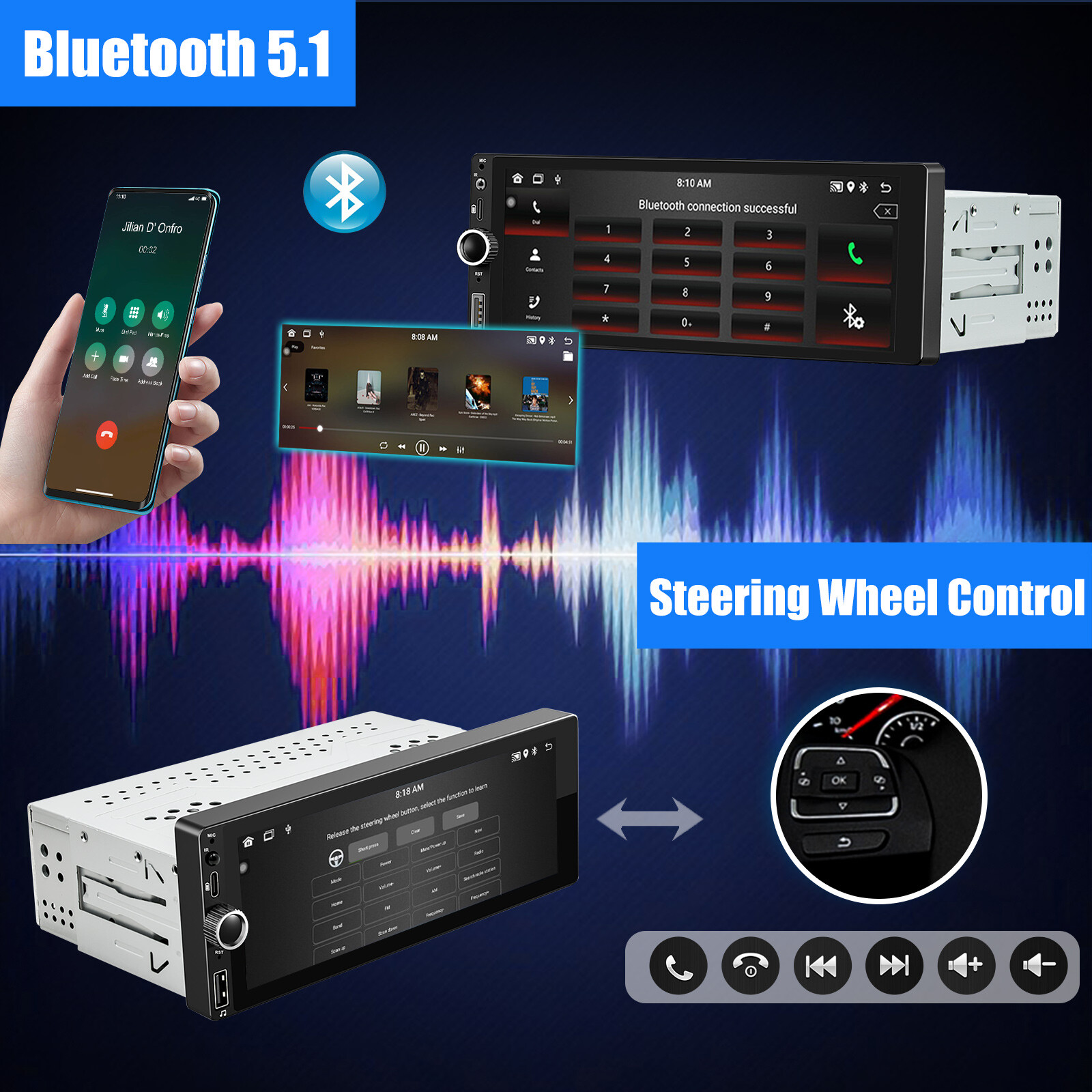 7" Single 1Din Touch Screen Car Stereo Radio For Apple/Android CarPlay Bluetooth