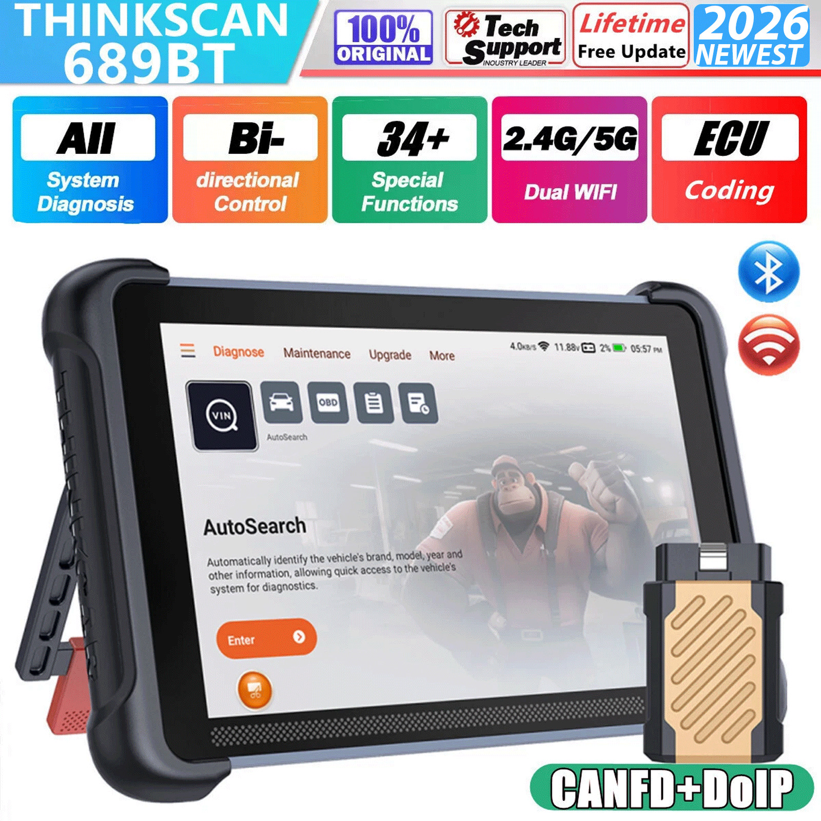 ThinkScan 689BT Car Diagnostic Scan Tool OBD2 Scanner Bidirectional 34+ Services