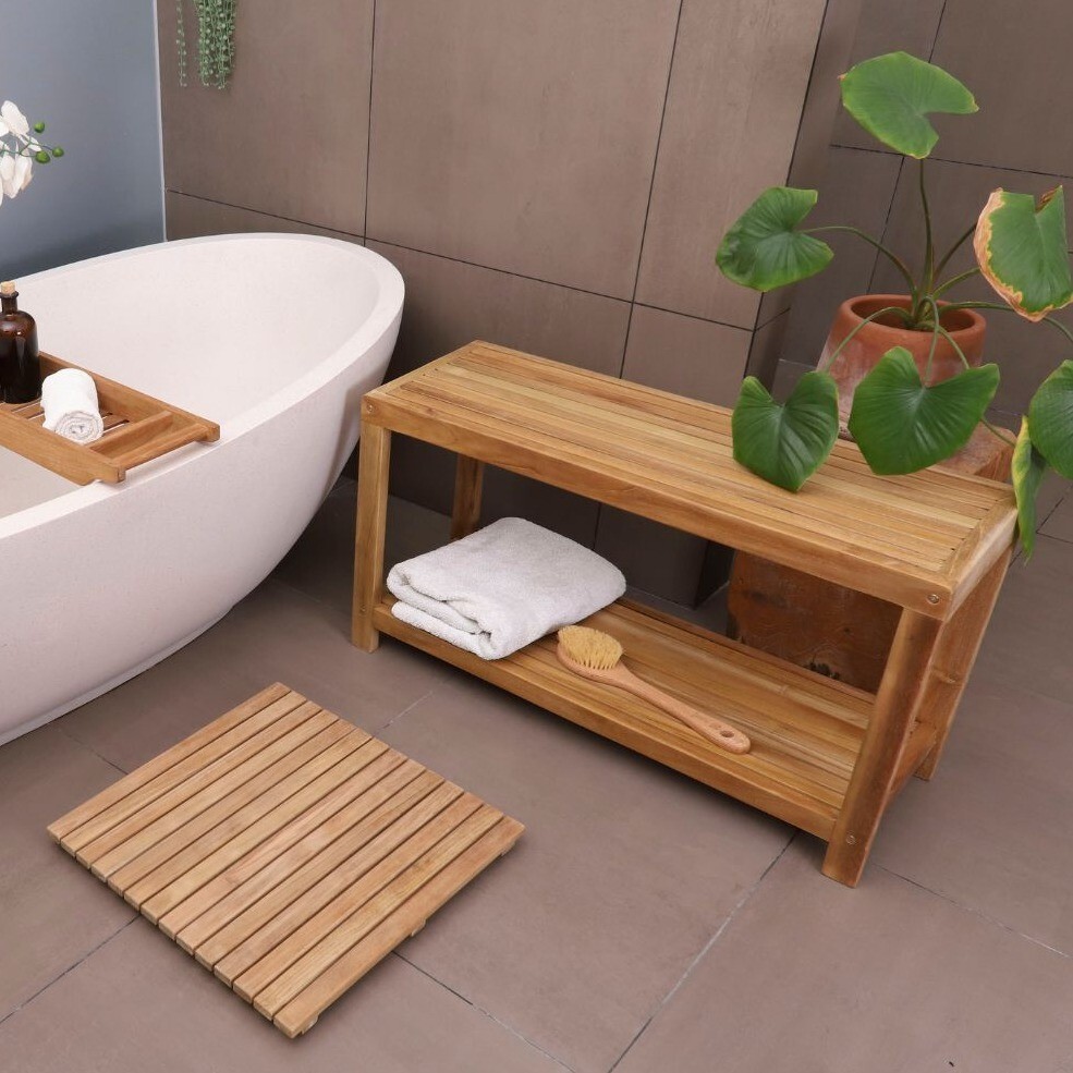 Nordic Style Natural Teak Wood Shower and Bath Spa Bench with Shelf - 35"