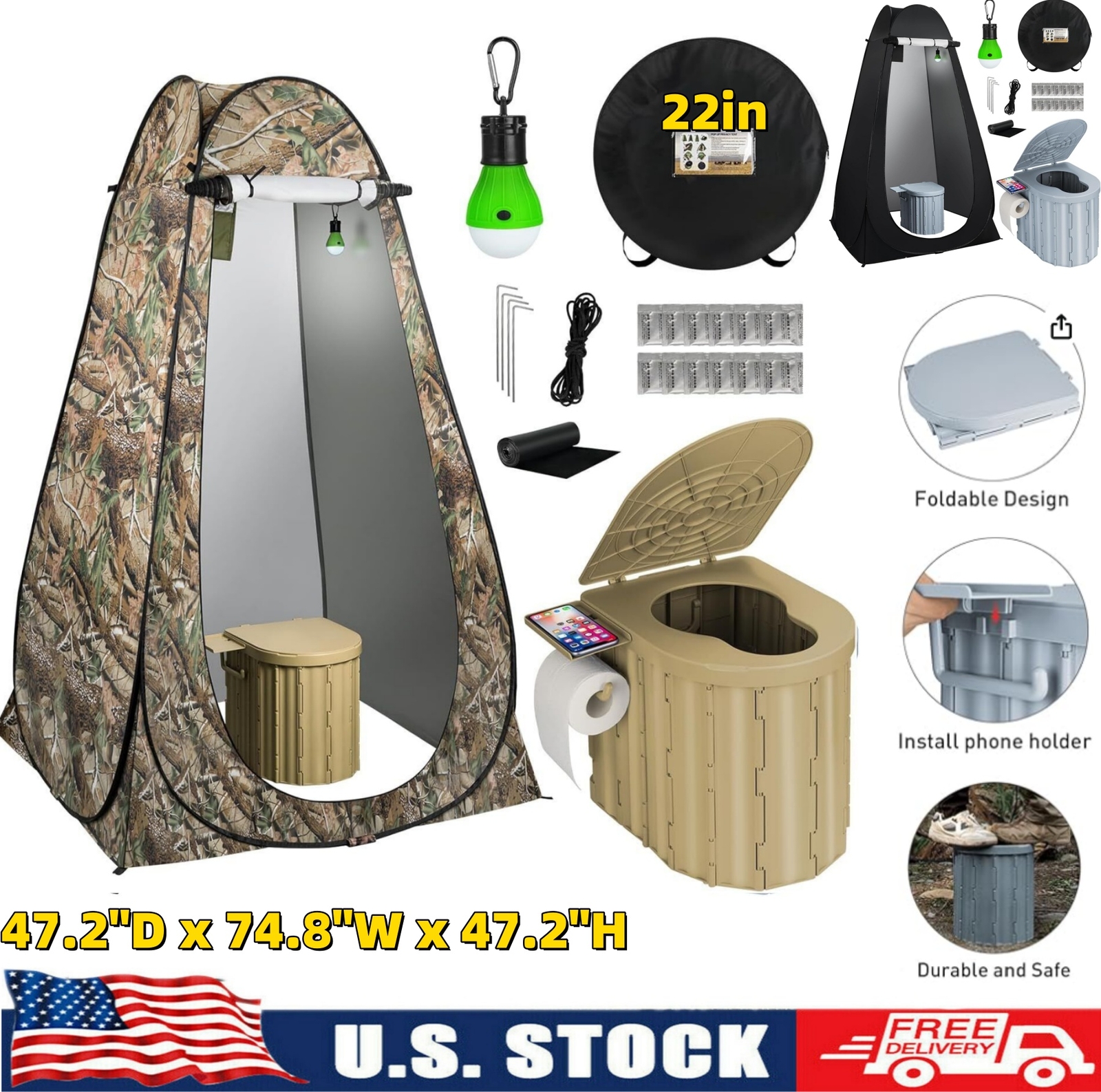 Portable Camping Folding Toilet with Pop-Up Privacy Tent 400 Lb Camping Bathroom