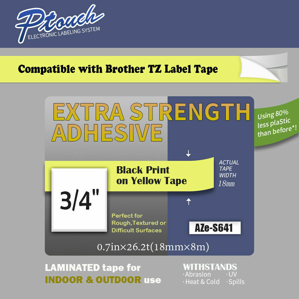 1PK Compatible with Brother PTouch Yellow Tape Strong Adhesive TZe TZ-S641 18mm