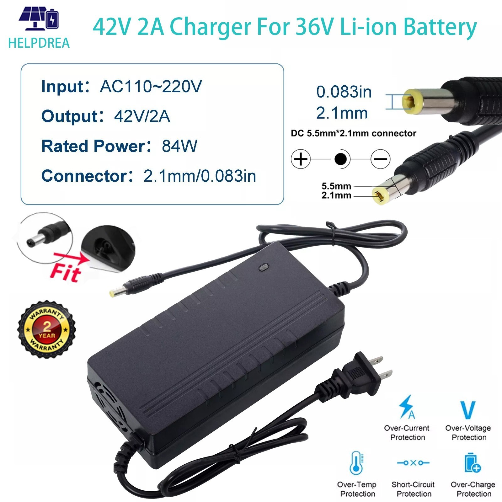 42V 2A Adapter Charger 36V Lithium Battery with 5.5mm*2.1mm DC Plug Port 84W