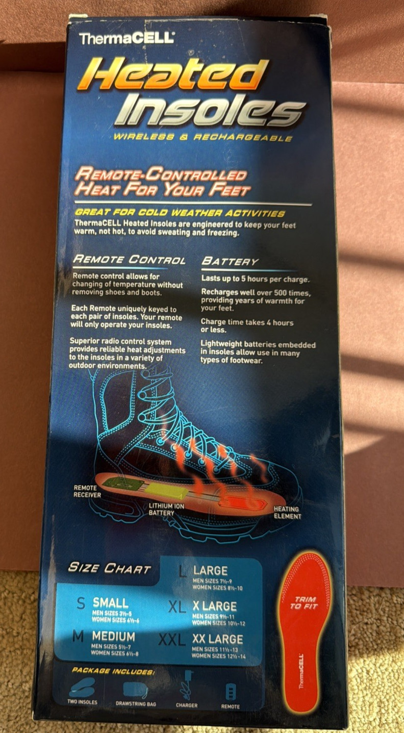 ThermaCELL Heated Insoles REMOTE CONTROLLED XX-LARGE Men 11 1/2-13 W 12 1/2-14