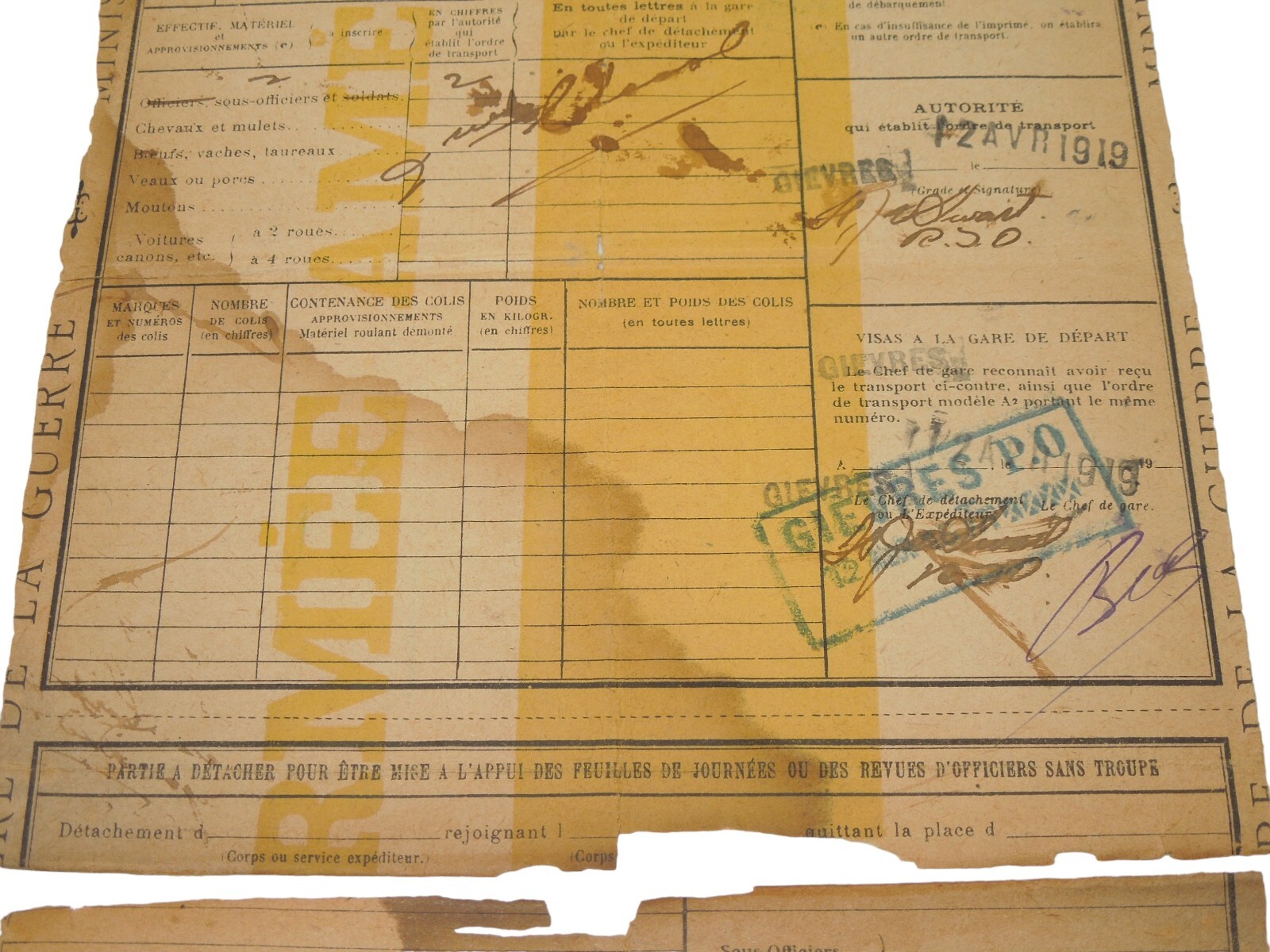 WWI French Ministry of War Transport Order Document to St. Nazaire Z34