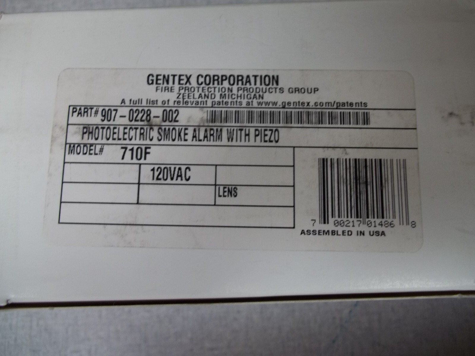 Gentex Photoelectric Smoke Alarm With Piezo, Model 710F, part# 907-0228-002