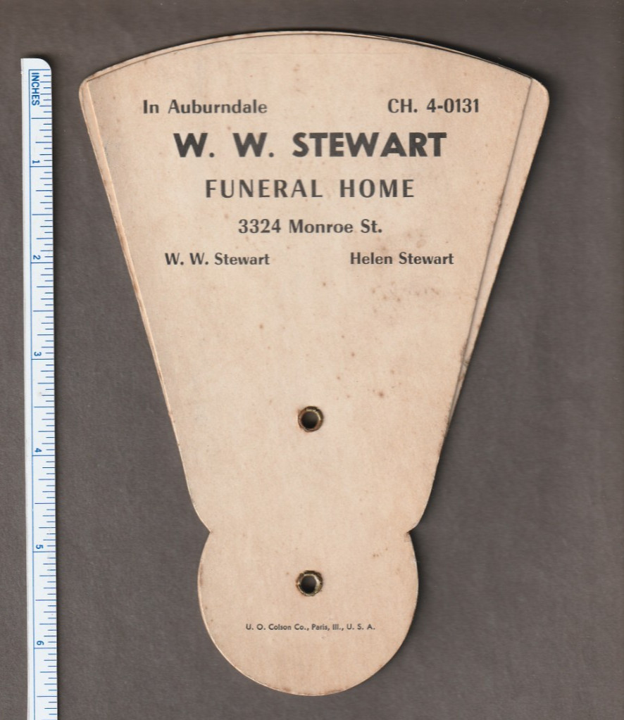 Vintage 1950's-60s W STEWART FUNERAL HOME Handheld FAN~3324 Monroe St/AUBURNDALE