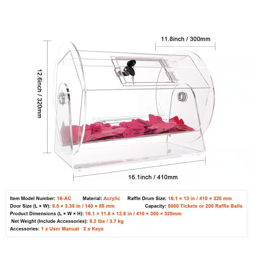 Acrylic Raffle Drum, Raffle Ticket Spinning Cage with 2-Keys, Transparent, Holds