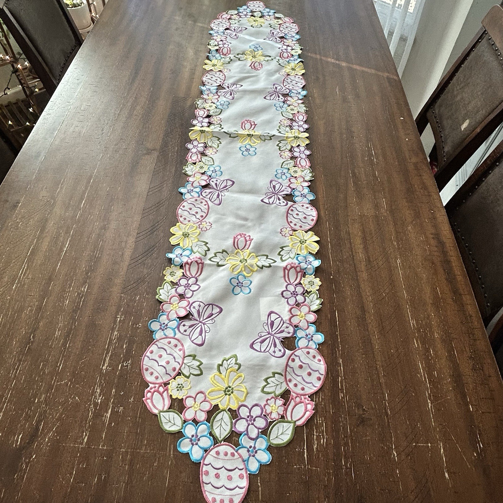 Easter Table Runner 68” Embroidered Cut work Spring Floral Easter Eggs
