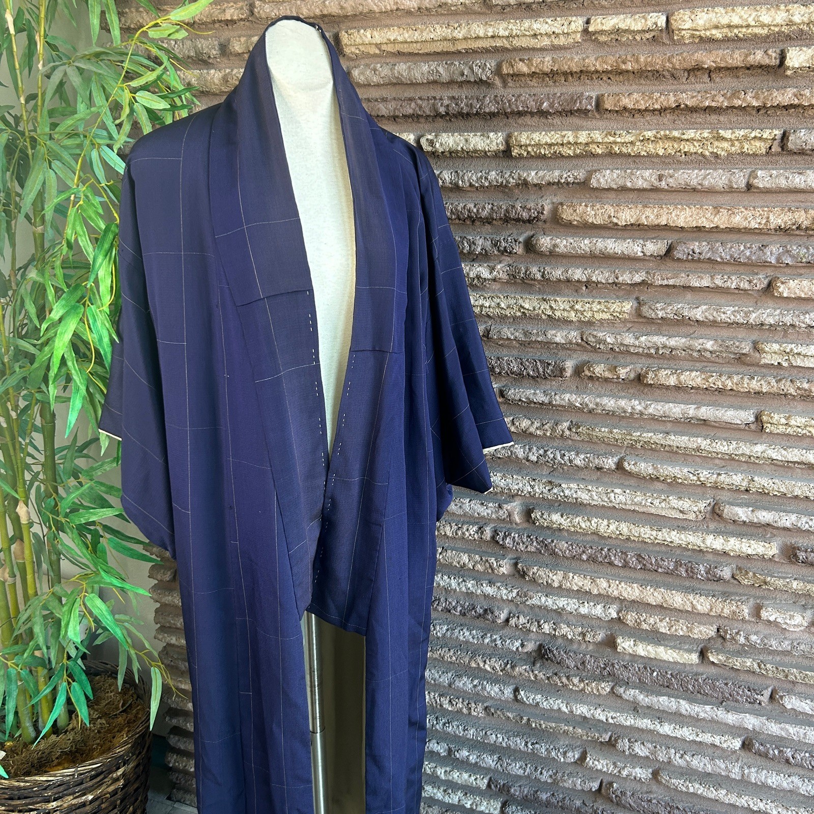 Japanese Vintage Navy Blue Windowpane Full Length Kimono Robe 100% Silk Lined