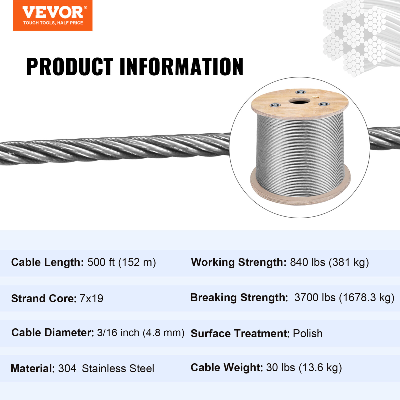 VEVOR T304 3/16" Stainless Steel Cable 7x19 500ft Steel Wire Rope Winch Cable