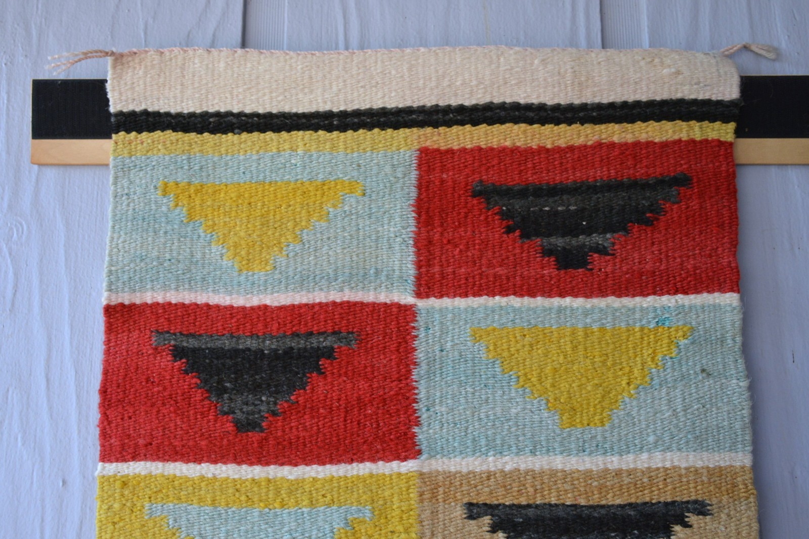 Unique Old Navajo Rug - Optical Design in Turquoise Yellow Red Black - 39" x 19"