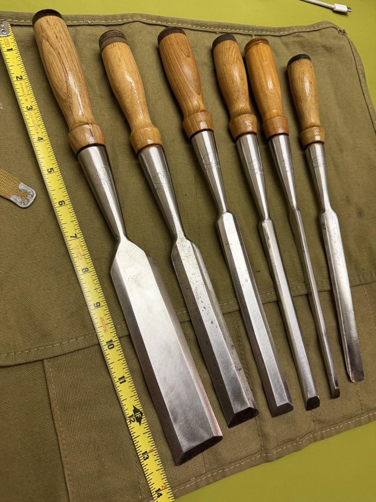 SUPERB 6-pc Set PEXTO vtg Socket Chisels w/MATCHING Handles & CANVAS TOOL ROLLUP