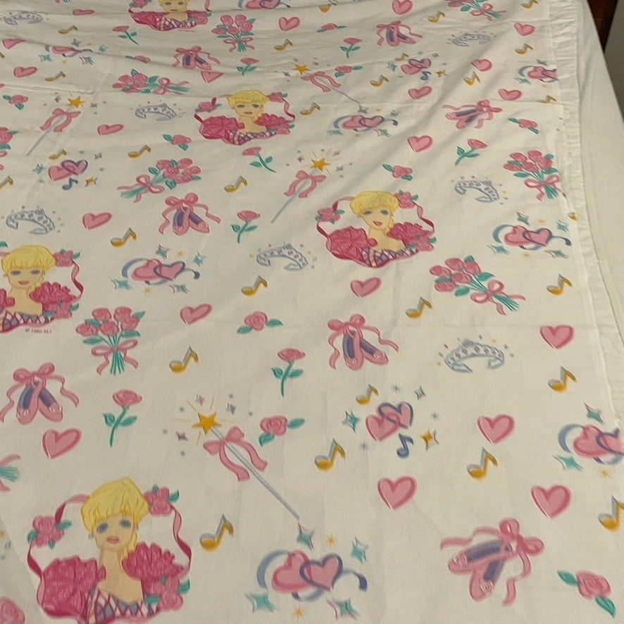Barbie Flat Bed Sheet VTG 1995 Dan River Pink White Ballerina Twin Size 90x66"