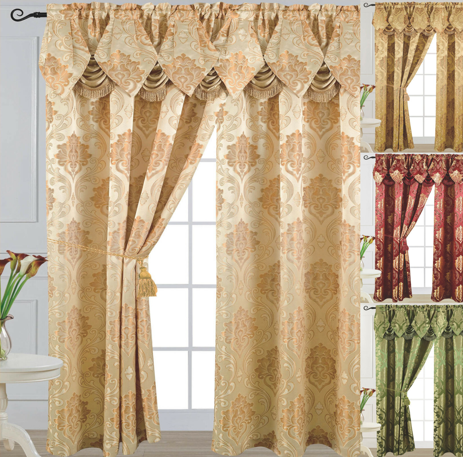 Angelina Luxury Jacquard Curtain Panel with Attached Waterfall Valance 54" X 84"
