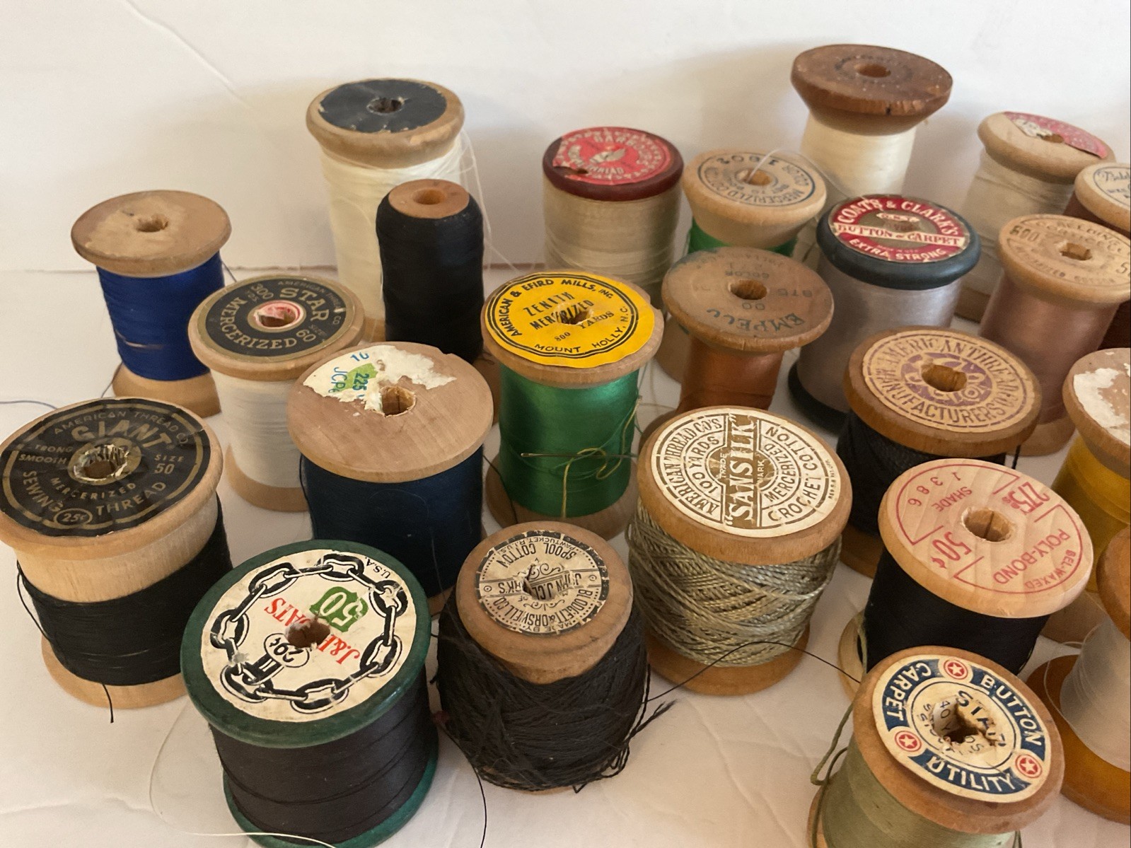 Vintage Lot of 40 Wooden Sewing Thread Spools Crafts Various Brands Full Partial