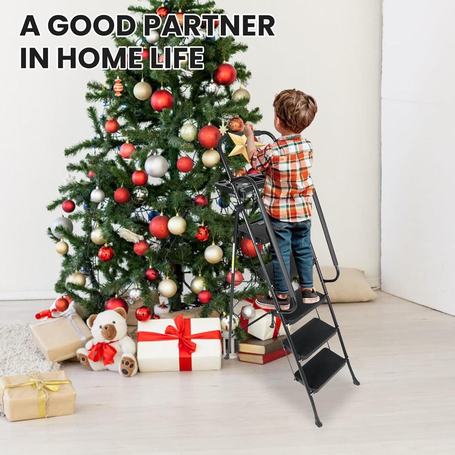 5 Step Non-Slip Stool Ladder with Handrails 330 lbs folding Tool Tray Platform