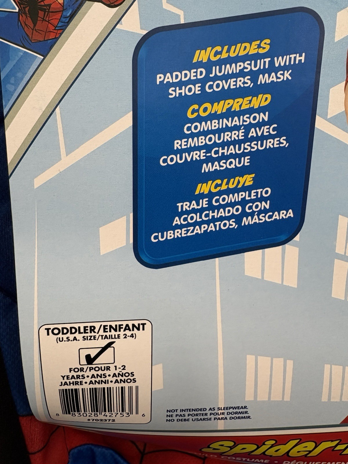 Spiderman Padded Jumpsuit W/Shoe Covers & Mask Toddler Size 2-4 Costume