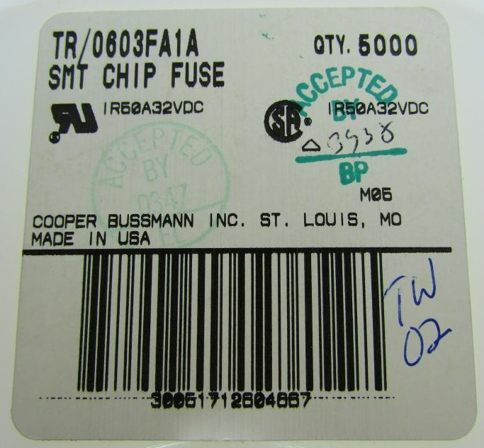 Lot 50 Cooper Bussmann 1A SMT Chip Fuses TR/0603FA1A Fast Acting Solder Cut Tape