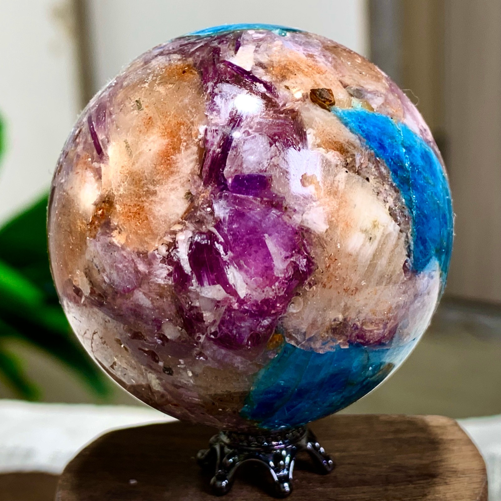 177G Natural Blue Aptite +Sun Stone purple lepidolite Sphere mineral sample