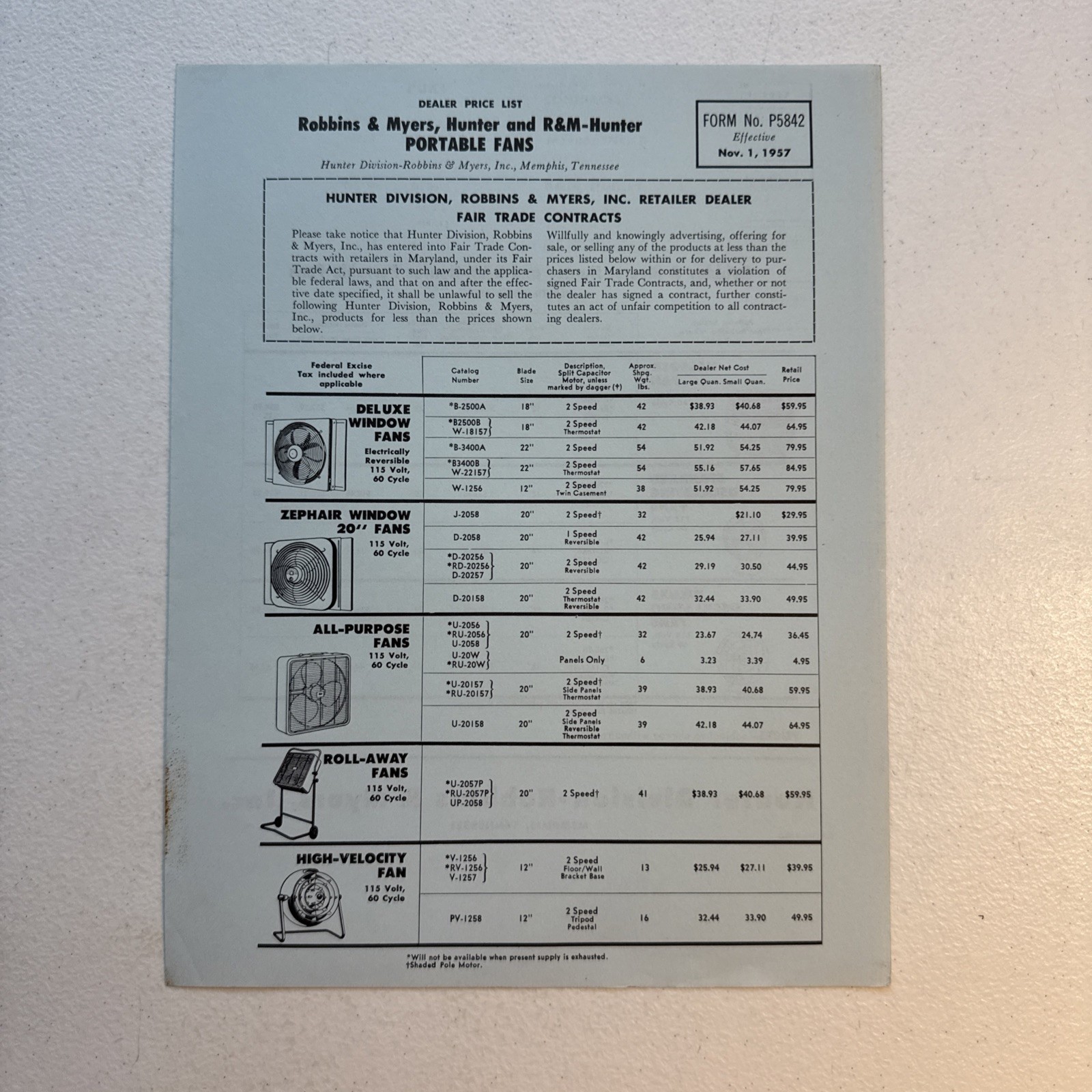 Hunter Division-Robbins & Myers, Inc. Portable Fans Dealer Price List 1957