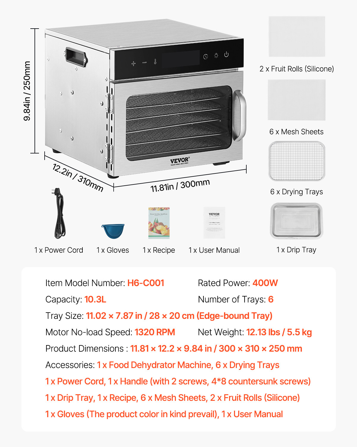 VEVOR 6 Trays Food Dehydrator Machine Stainless Steel 400W Jerky Fruit Drying