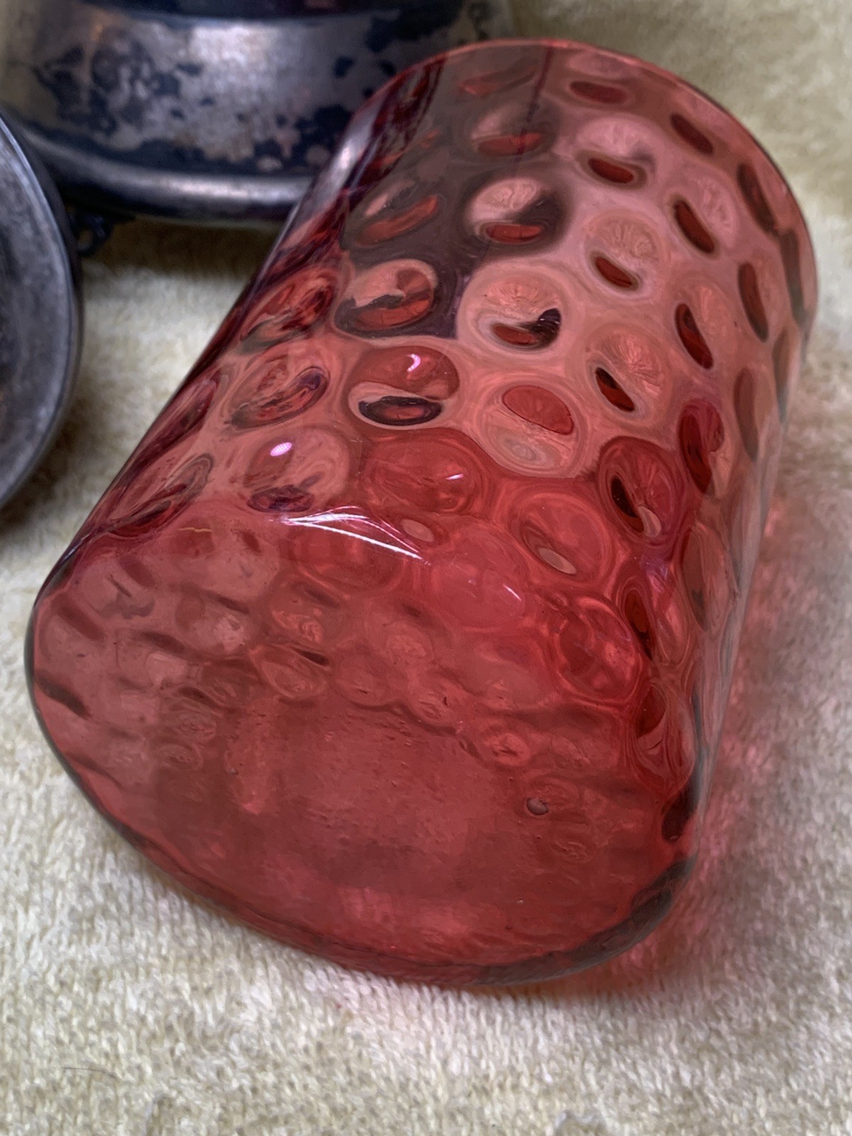 Antique Victorian Style Pickle Castor W/ Tongs Coin Dot Glass Cranberry Red