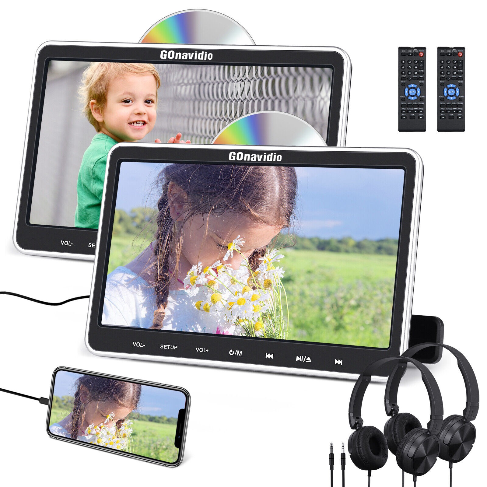 2 x 10.1" Full HD Car Headrest Monitor DVD Player 1080P Screen HDMI USB +Headset