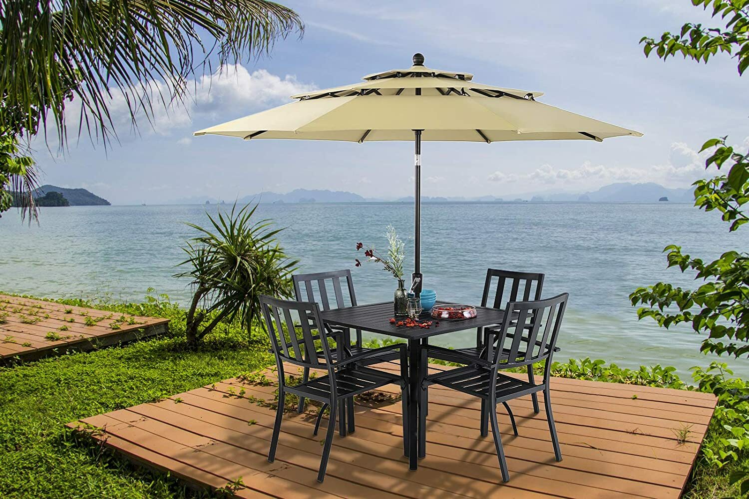 Outdoor Dining Table with Umbrella Hole Metal Patio Table Square for 4 Person US