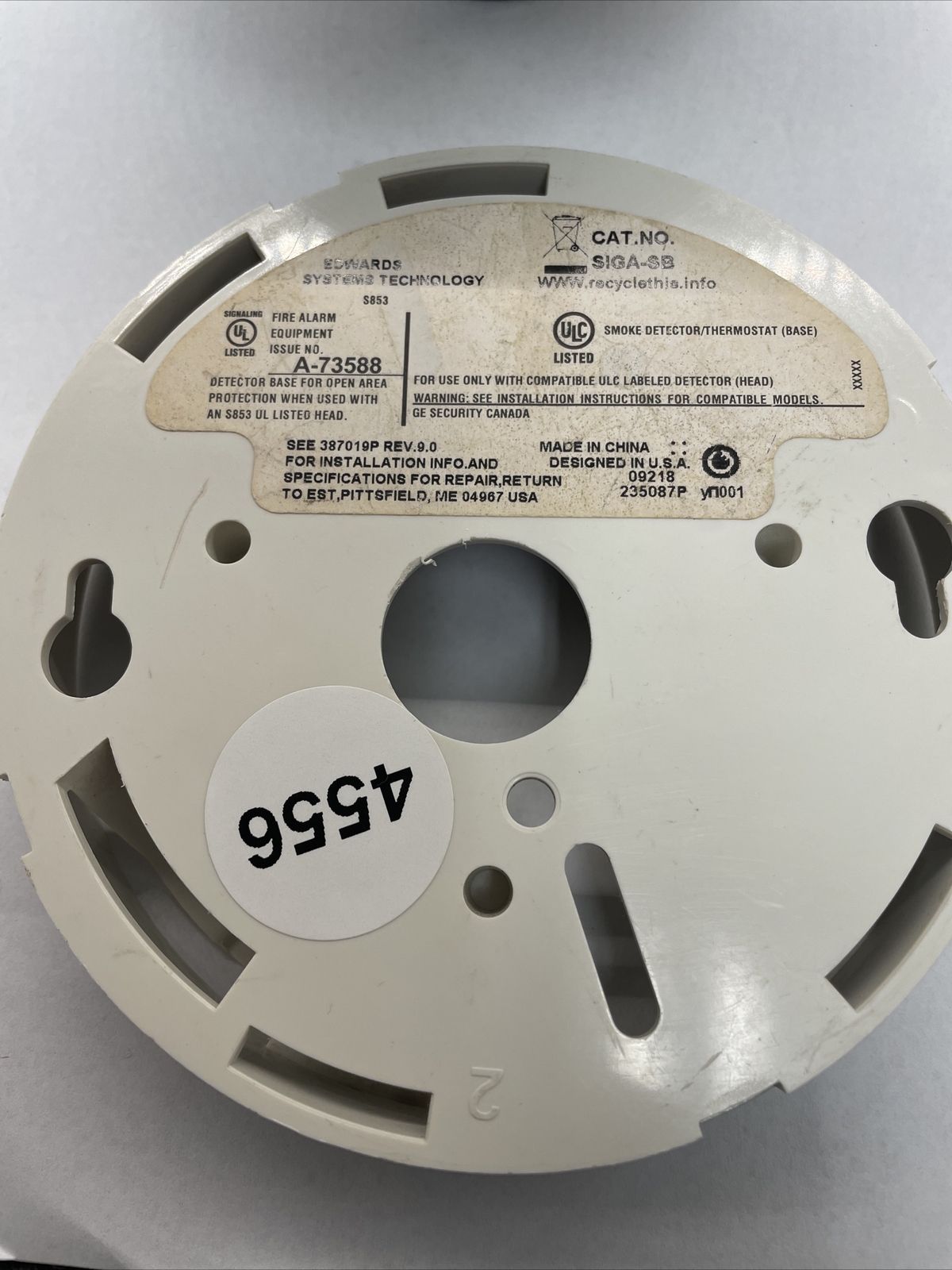 EST ADT SIGA-PS EDWARDS INTELLIGENT PHOTOELECTRIC SMOKE DETECTOR With Base