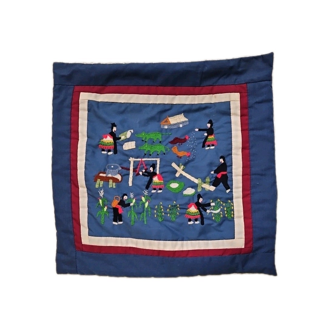 Hmong Story Cloth Embroidered Textile Animals Folk Art Handmade Pillowcase 16x15