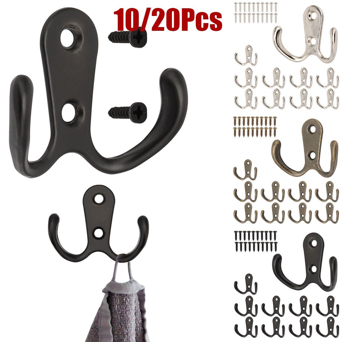 10/20pcs Heavy Duty Double Prong Coat Hooks Wall Mounted Retro Robe Hat Clothes
