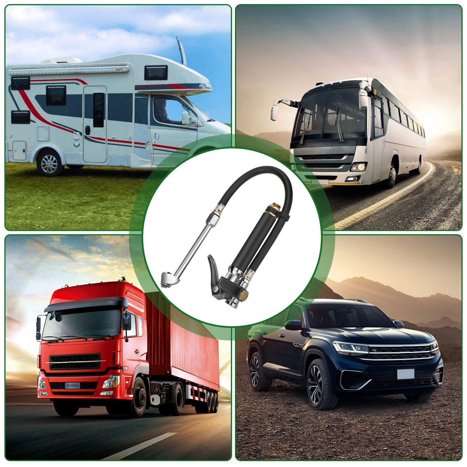 Air Tire Inflator With Pressure Gauge Dual Head Chuck 12" Compressor Rubber Hose