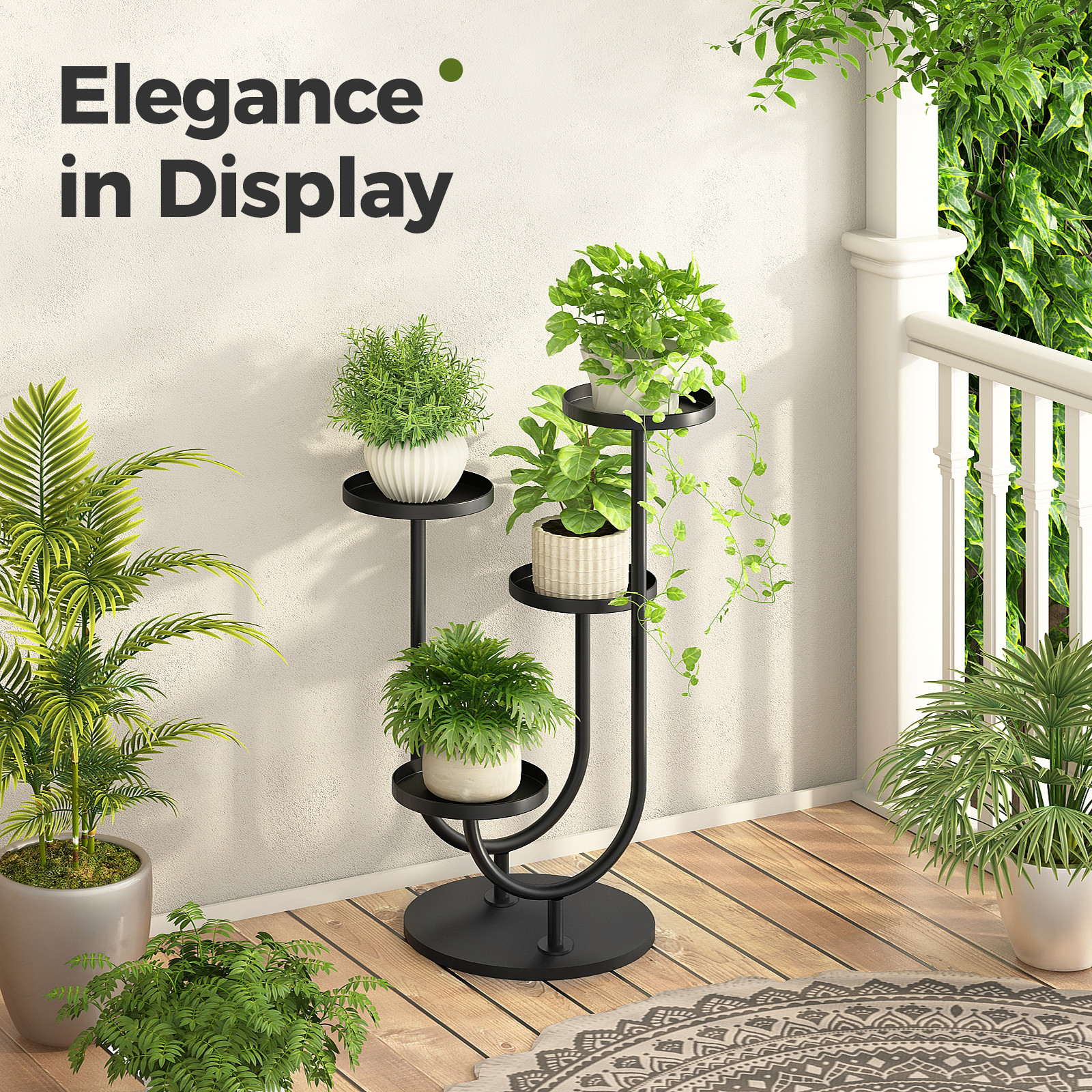 Bamworld Plant Stand Indoor Modern Corner Plants Shelf Display 4 Pots Black