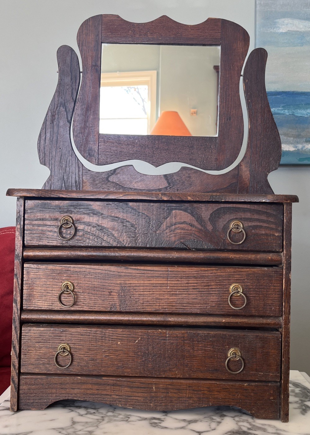 Antique Doll Size Wood Dresser With Brass Handles And Mirror Salesman Sample?