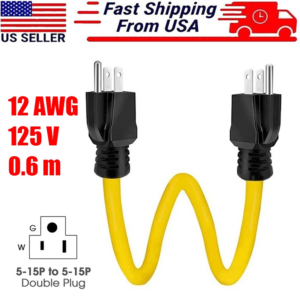 3 Prong Plug 125V Double Male Extension Cord For NEMA 5-15P to 5-15P Yellow 0.6m