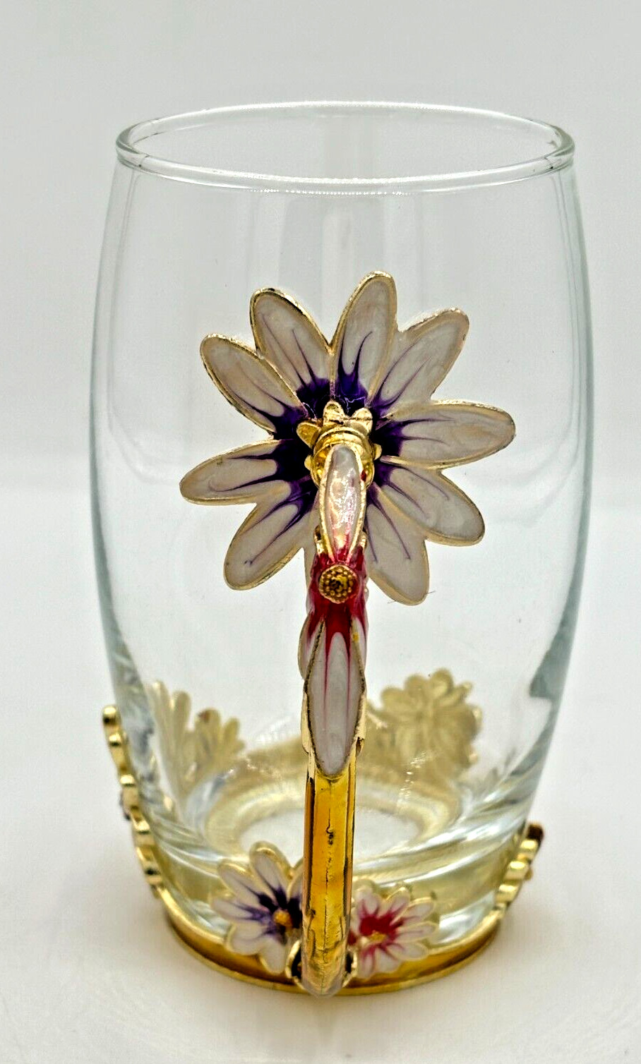 Luxury Glass 12oz Teacup Set Enamel Flower Handle and Base With Teaspoon Coaster