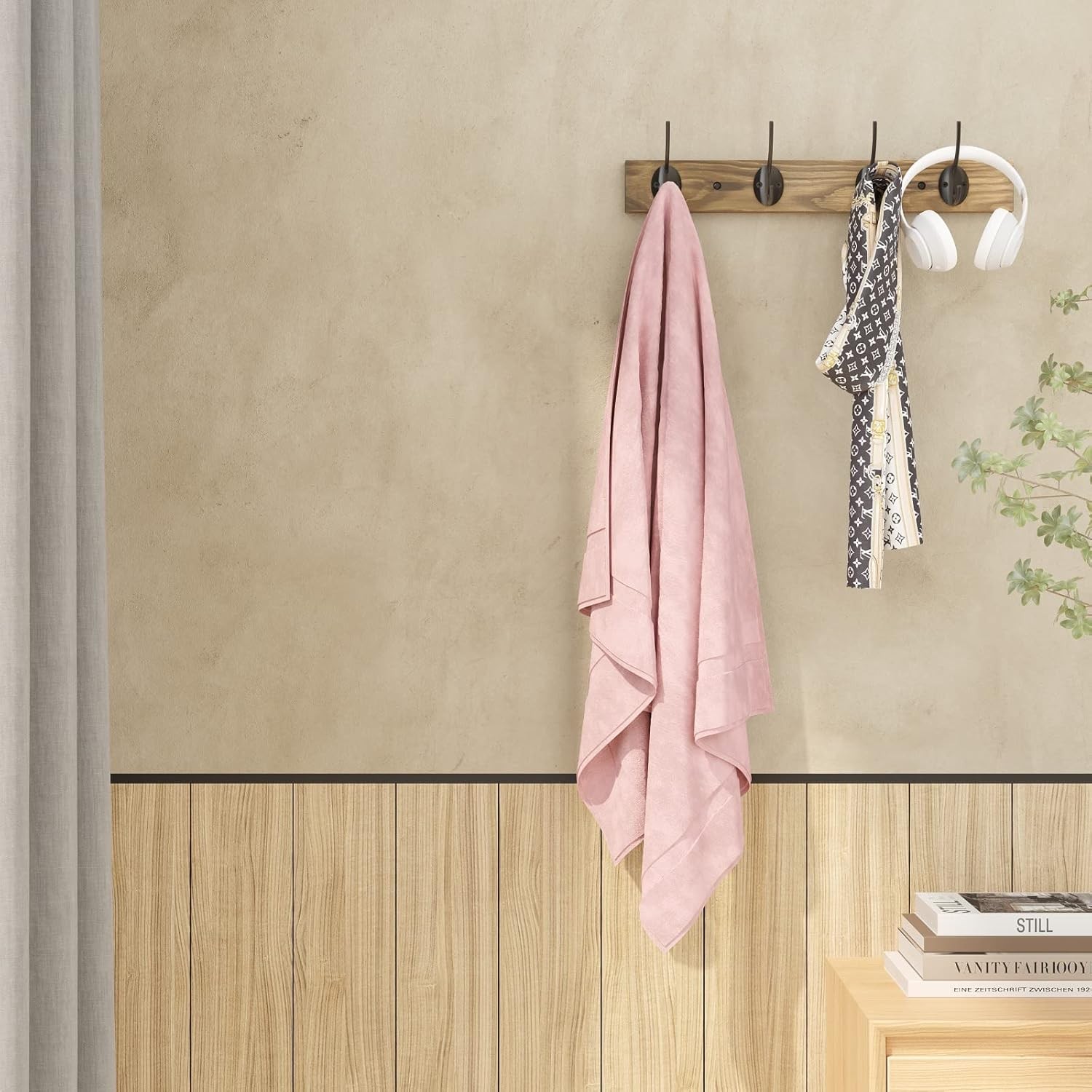 Coat Hooks Wall Mounted, Wooden Hat Rack with 4 for 1 Pack, Brown