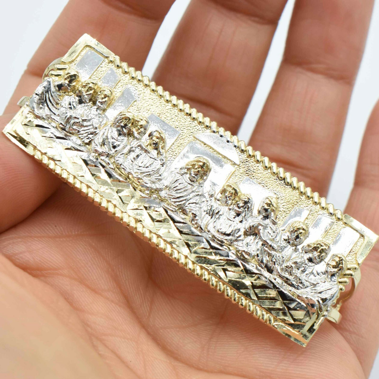 Diamond Cut Last Supper Three Finger Ring Real Solid 10K Yellow White Gold
