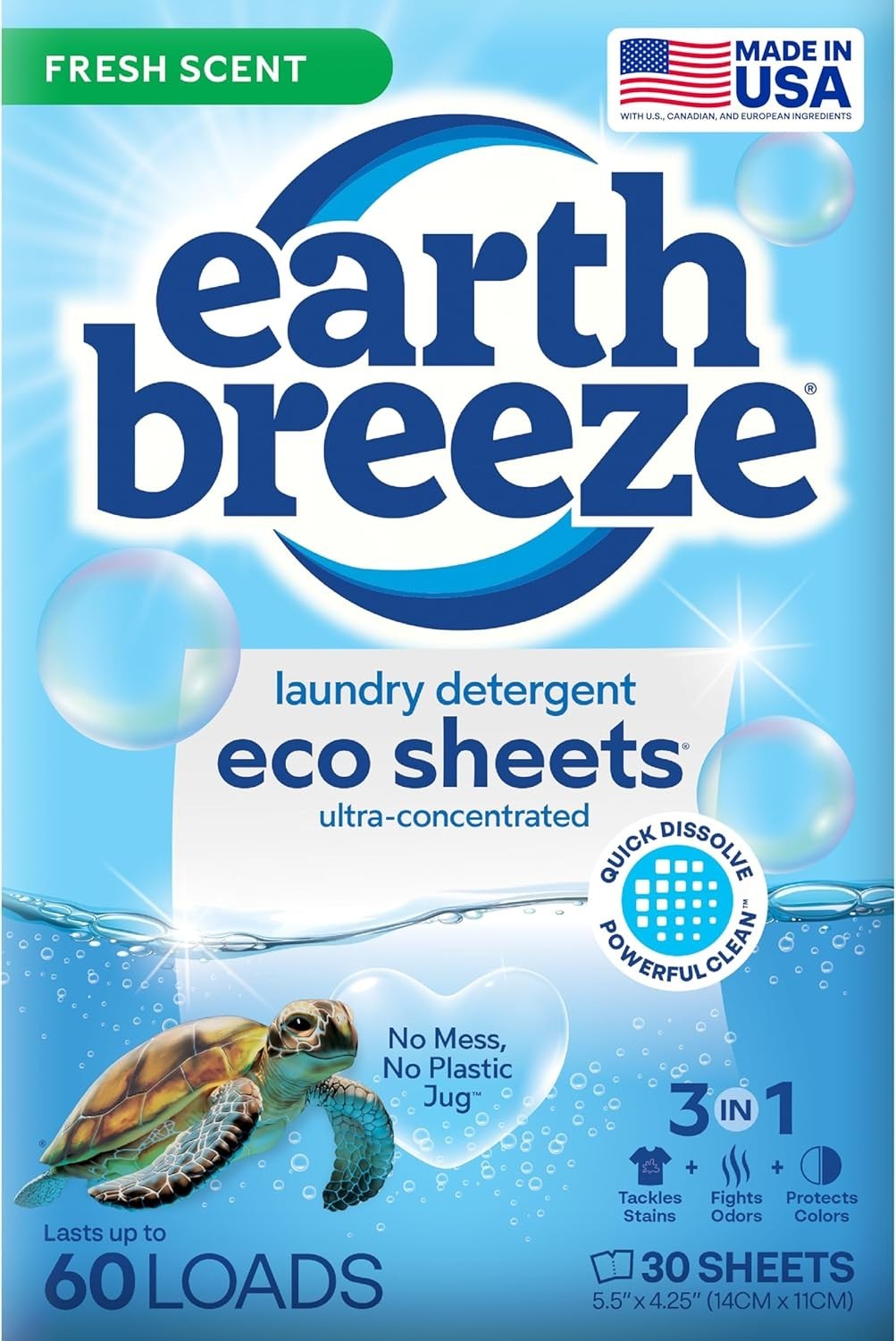 Earth Breeze Laundry Detergent Sheets Fresh Scent - 60 Loads Eco Liquidless 30Ct