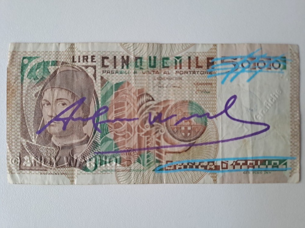 Andy Warhol Original Signed Banknote Italian Lire with a Certificate