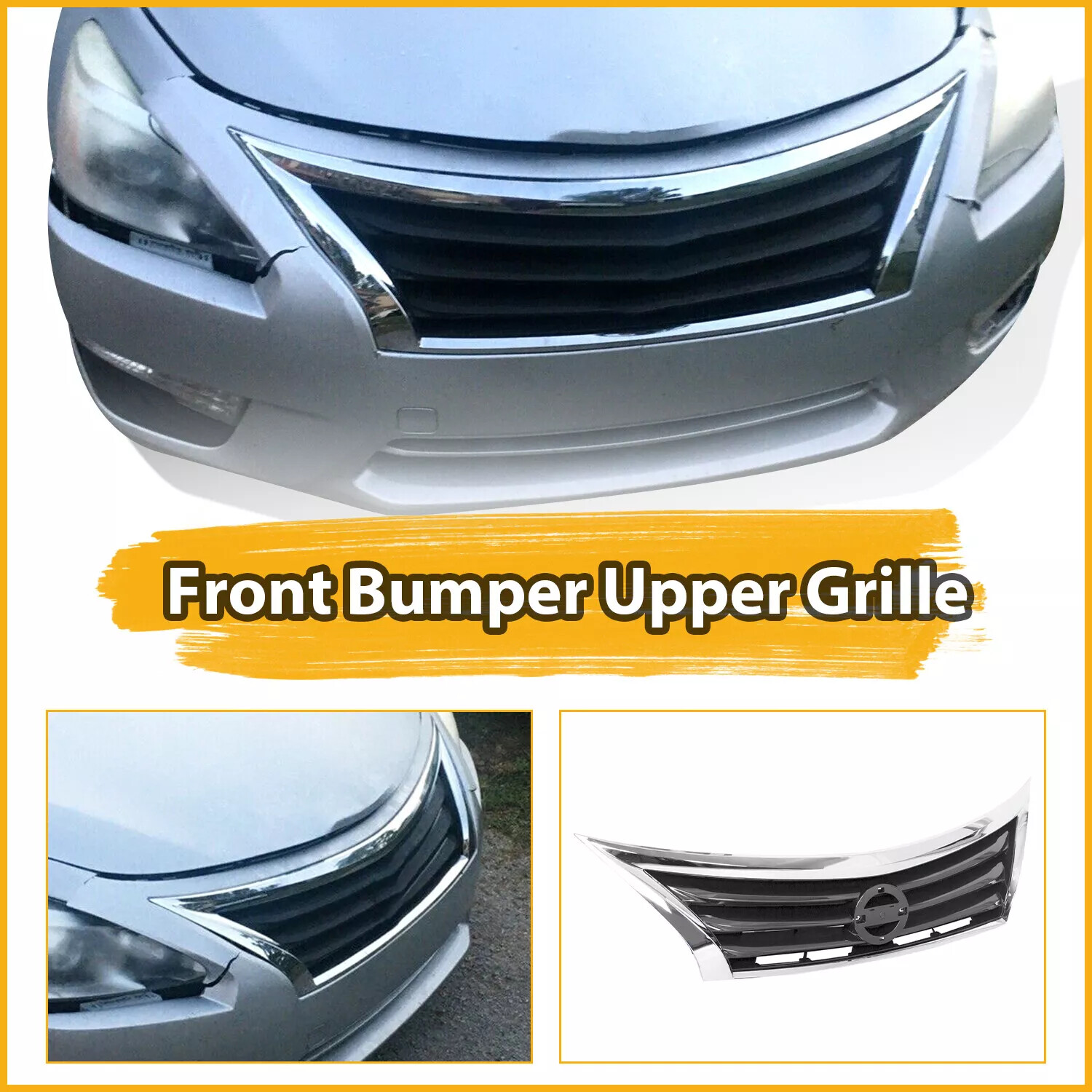 For Nissan Altima 2013 2014 2015 Front Bumper Upper Grille Black w/ Chrome Trim