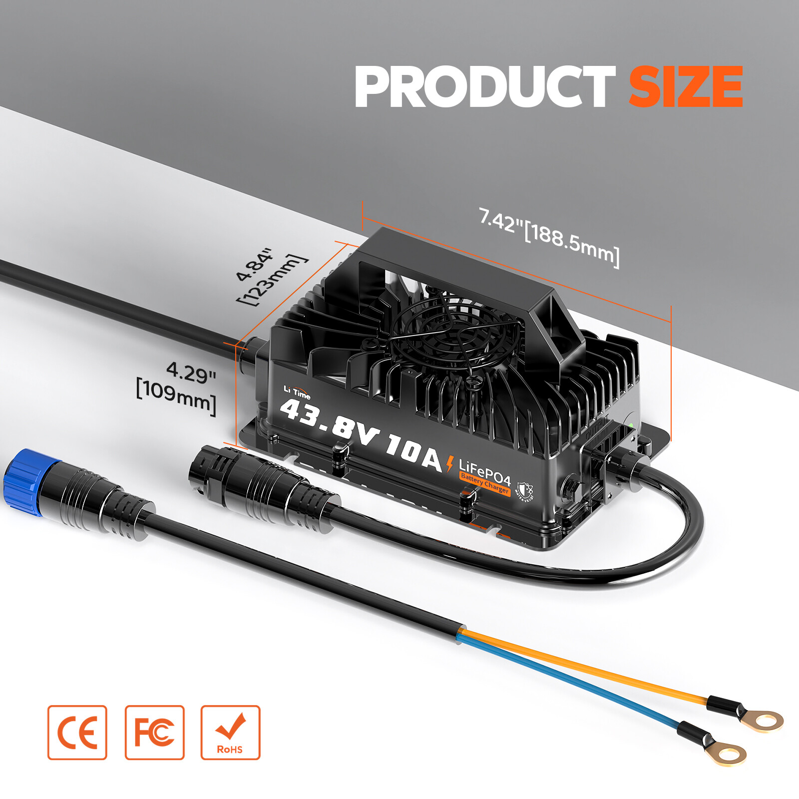 LiTime 36V 43.8V 10A AC-DC Smart Charger Waterproof for Lithium LiFePO4 Battery