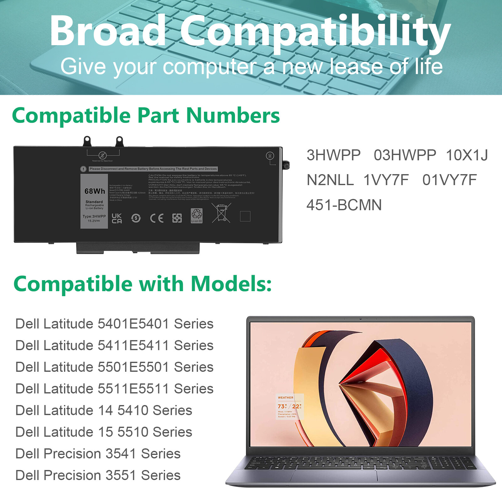 3HWPP Battery For Dell Latitude 14 5401 5411 15 5501 5511 Precision 3541 4cell
